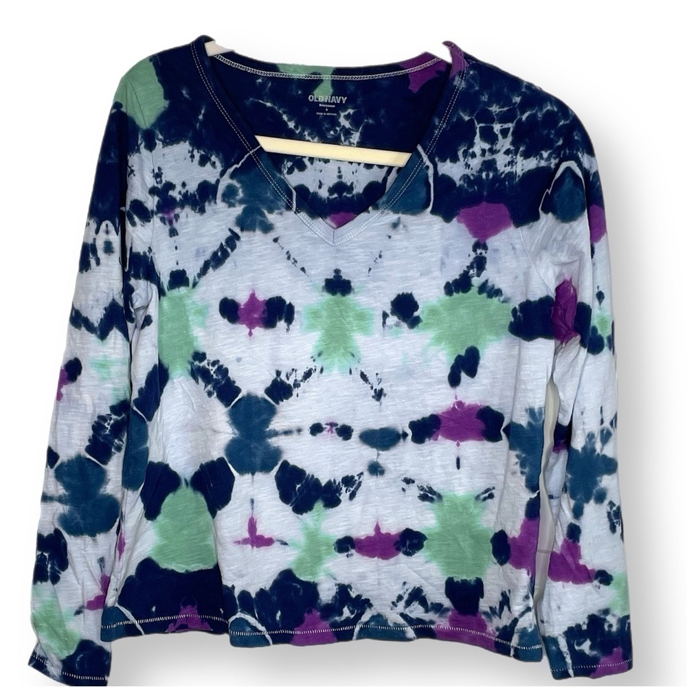 Tie dye v neck long sleeve top shibori argyle blue green purple S distressed